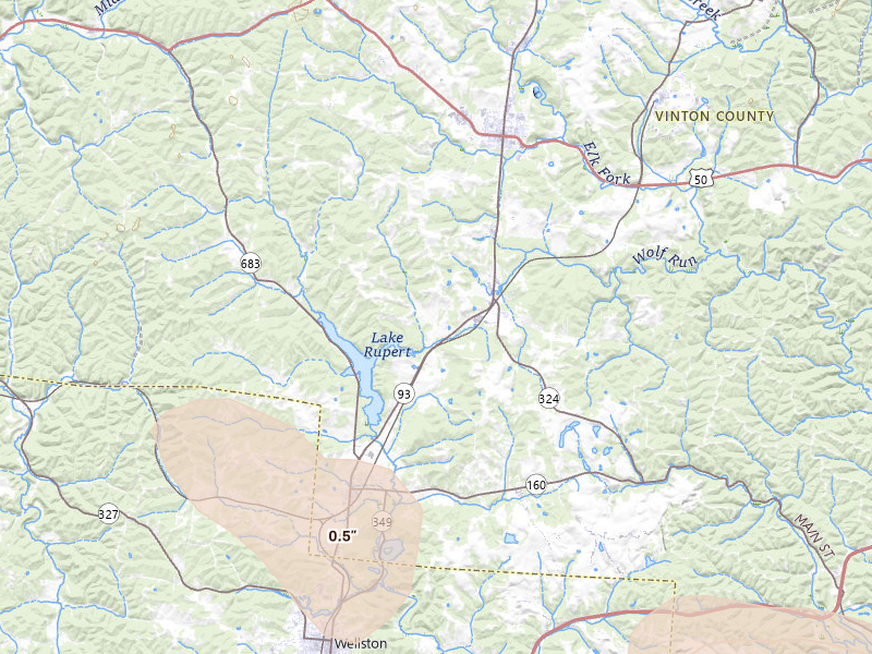 Radar-estimated hail-size map of the storm over Hamden, OH on Aug 10, 2026