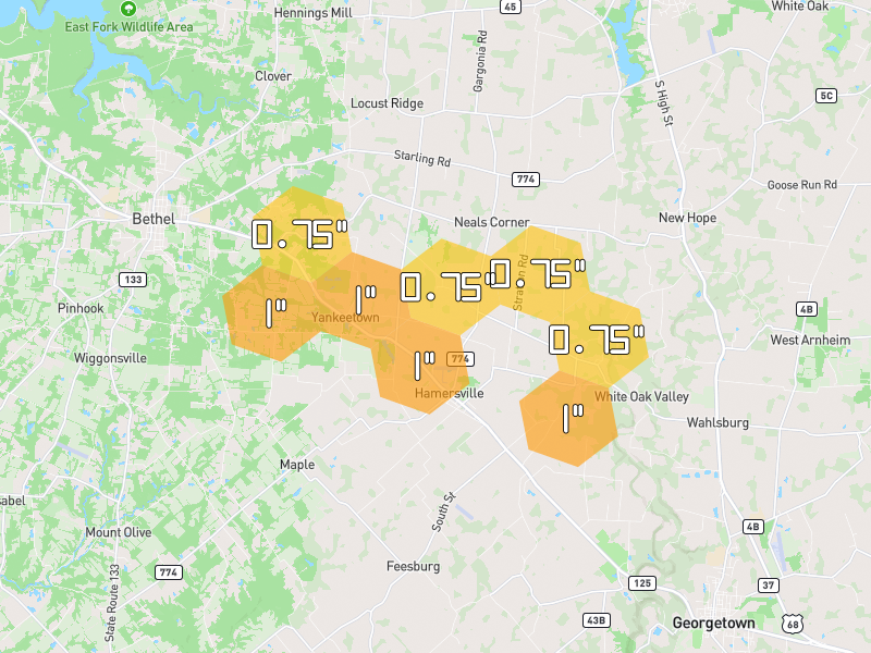 Hail map of Hamersville, OH on Jul 21, 2026, hail up to 1"