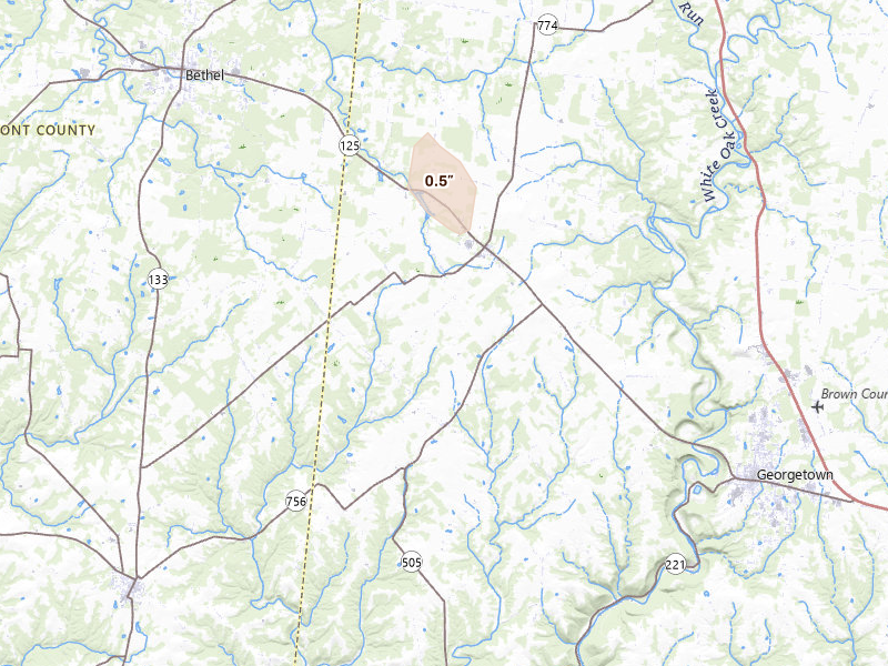 Radar-estimated hail-size map of the storm over Hamersville, OH on Aug 11, 2026