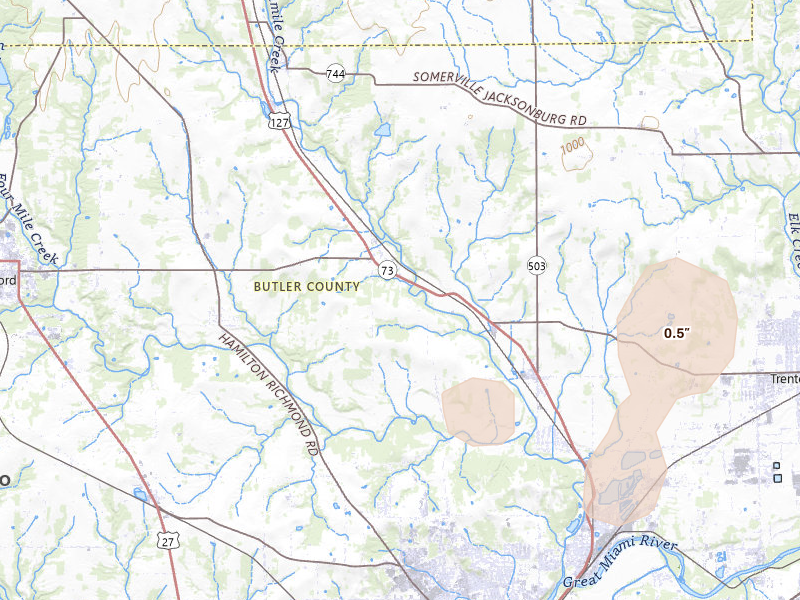Radar-estimated hail-size map of the storm over Hamilton, OH on May 19, 2026