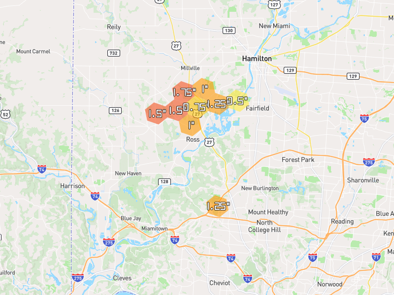 Hail map of Hamilton, OH on Jul 21, 2026, hail up to 1.75"