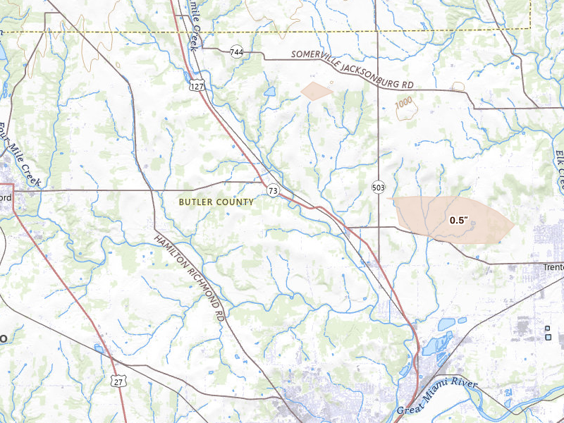 Radar-estimated hail-size map of the storm over Hamilton, OH on Aug 8, 2026
