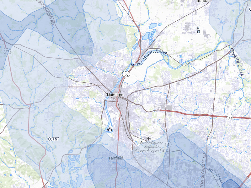 NEXRAD radar-signature map of the hail storm over Hamilton, OH on Aug 11, 2026