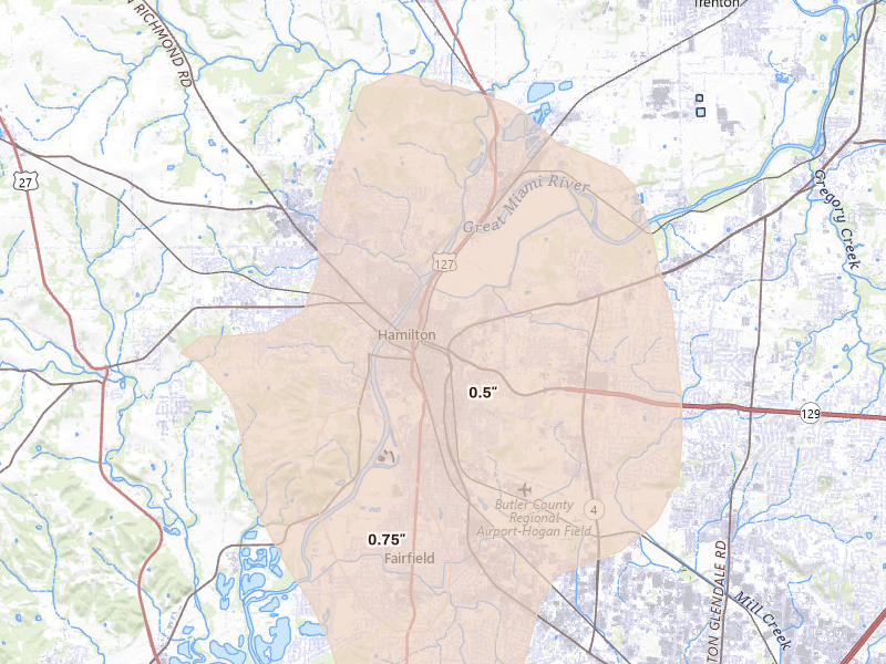Radar-estimated hail-size map of the storm over Hamilton, OH on Sep 5, 2026