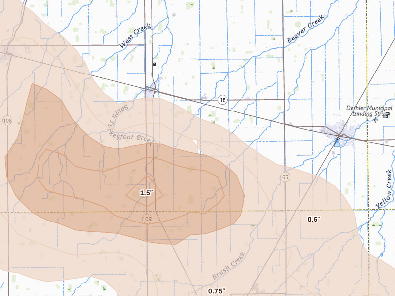 Radar-estimated hail-size map of the storm over Hamler, OH on Mar 26, 2026