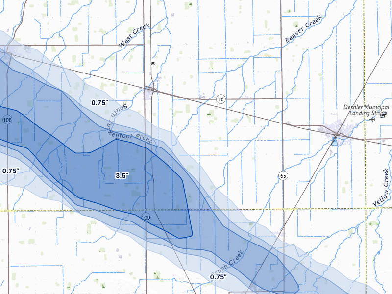 NEXRAD radar-signature map of the hail over Hamler, OH