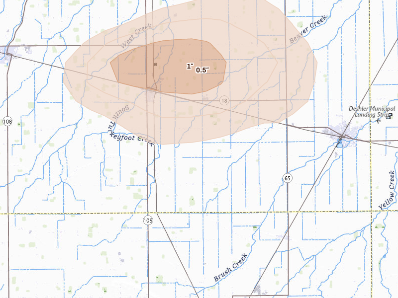 Radar-estimated hail-size map of the storm over Hamler, OH on Apr 22, 2026