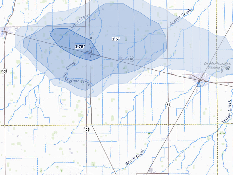 NEXRAD radar-signature map of the hail storm over Hamler, OH on Apr 22, 2026