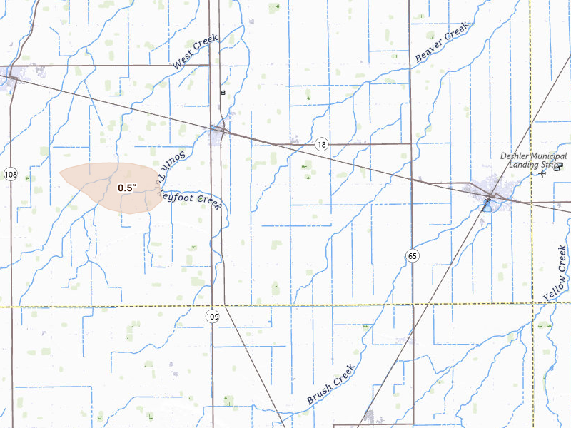 Radar-estimated hail-size map of the storm over Hamler, OH on Jul 10, 2026