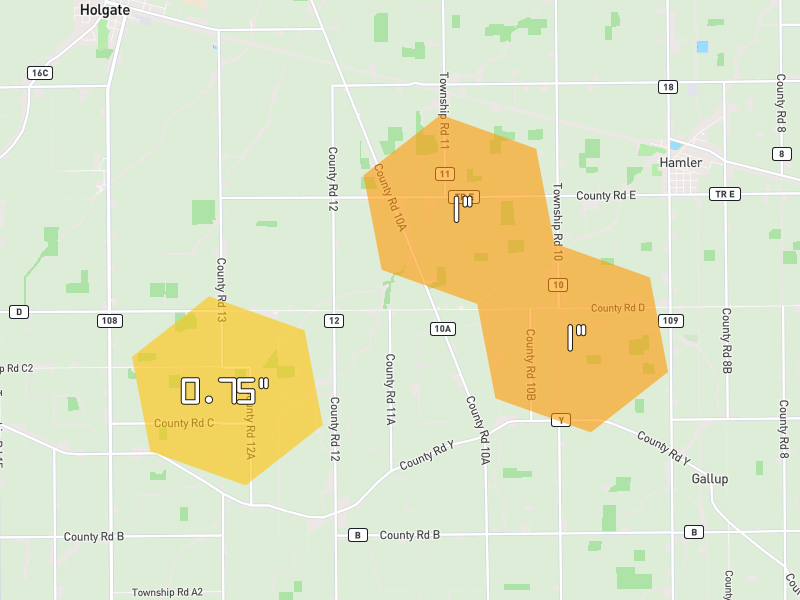 Hail map of Hamler, OH on Jul 10, 2026, hail up to 1"