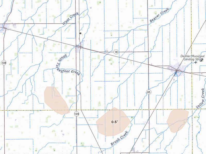 Radar-estimated hail-size map of the storm over Hamler, OH on Jul 20, 2026