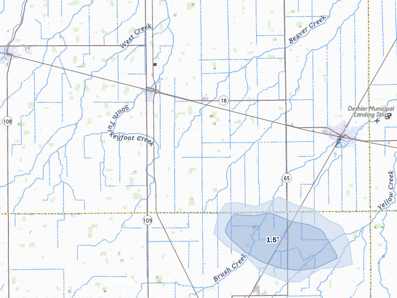 NEXRAD radar-signature map of the hail storm over Hamler, OH on Jul 20, 2026