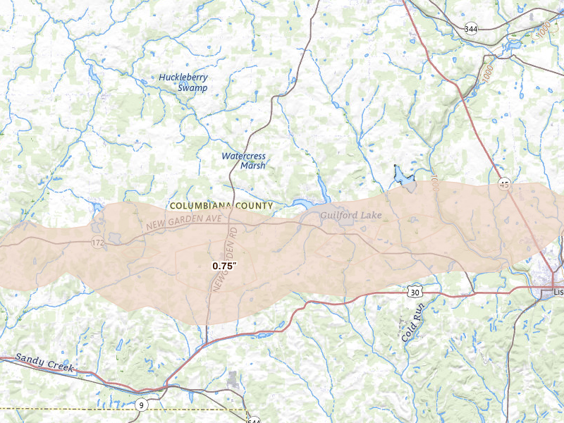Radar-estimated hail-size map of the storm over Hanoverton, OH on Jul 4, 2026