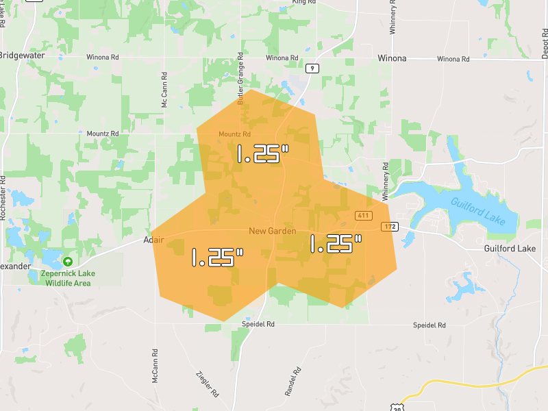 Hail map of Hanoverton, OH on Jul 4, 2026, hail up to 1.25"