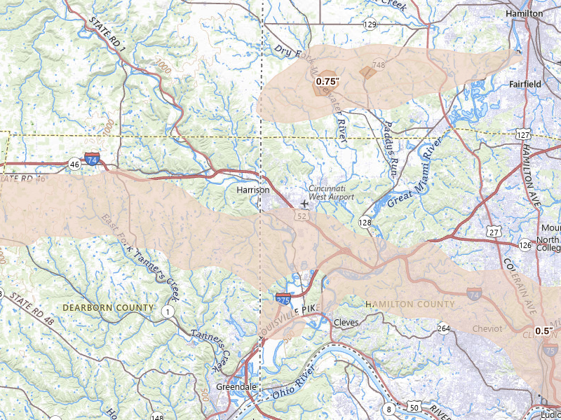 Radar-estimated hail-size map of the storm over Harrison, OH on Jul 21, 2026