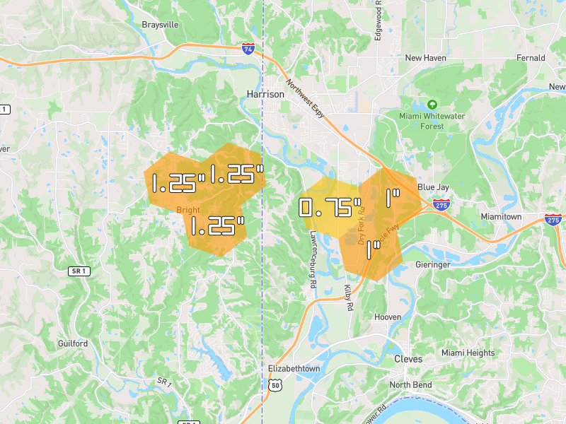 Hail map of Harrison, OH on Jul 21, 2026, hail up to 1.25"