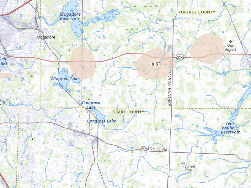 Radar-estimated hail-size map of the storm over Hartville, OH on Apr 15, 2026