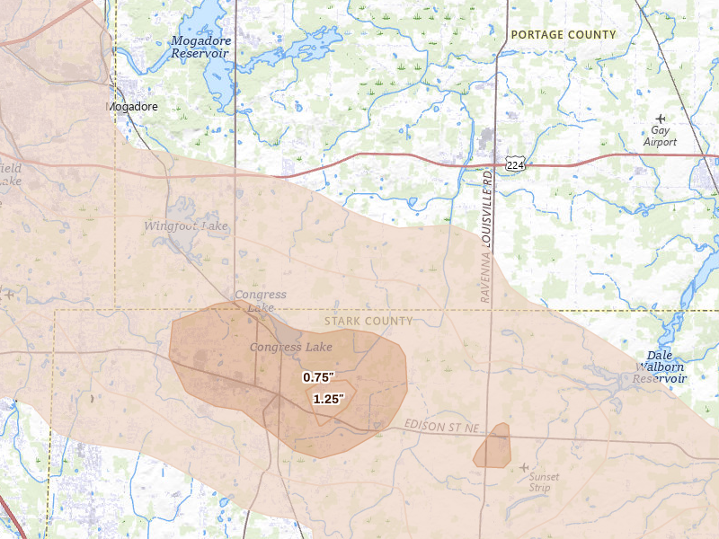 Radar-estimated hail-size map of the storm over Hartville, OH on Aug 10, 2026