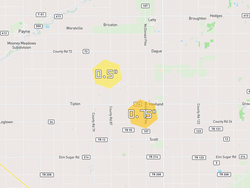 Hail map of Haviland, OH on Jun 6, 2026, hail up to 0.75"