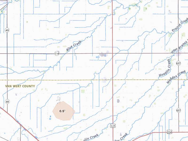 Radar-estimated hail-size map of the storm over Haviland, OH on Jul 10, 2026