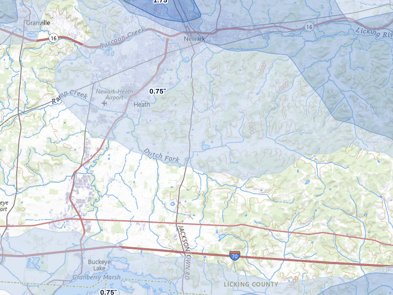 NEXRAD radar-signature map of the hail over Heath, OH