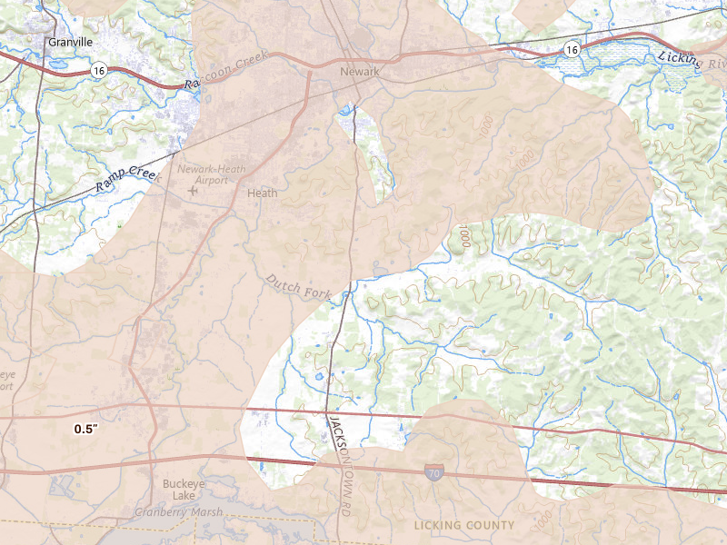 Radar-estimated hail-size map of the storm over Heath, OH on Aug 10, 2026
