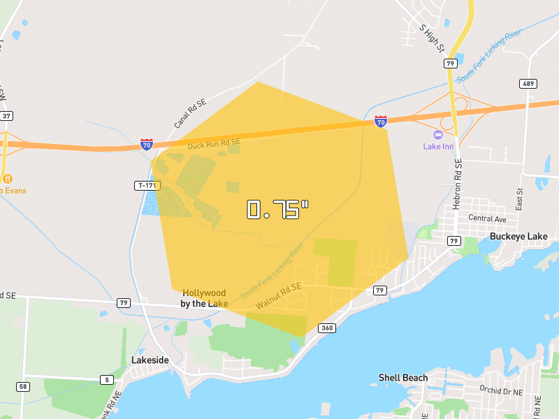 Hail map of Hebron, OH on Jul 21, 2026, hail up to 0.75"