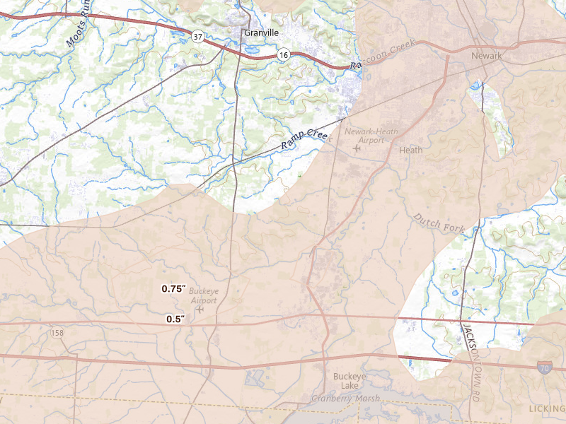 Radar-estimated hail-size map of the storm over Hebron, OH on Aug 10, 2026