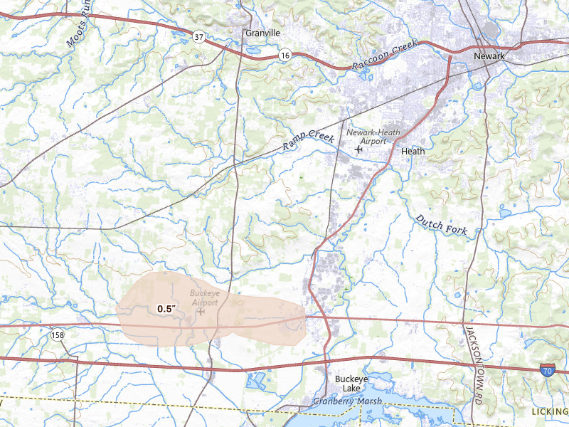 Radar-estimated hail-size map of the storm over Hebron, OH on Sep 3, 2026