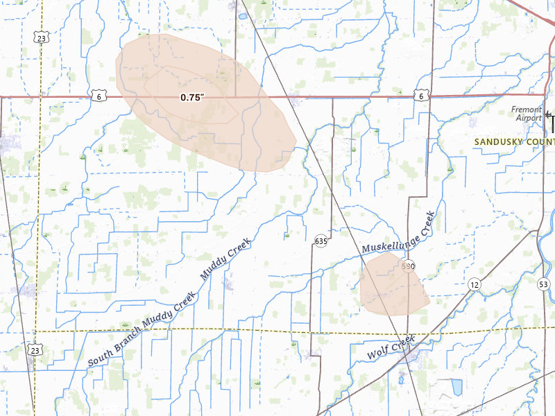 Radar-estimated hail-size map of the storm over Helena, OH on Jul 10, 2026