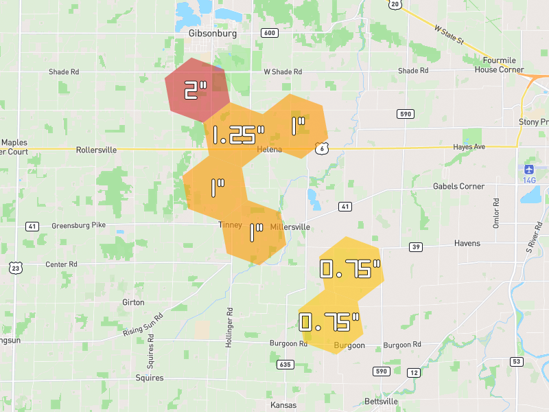 Hail map of Helena, OH on Jul 10, 2026, hail up to 2"
