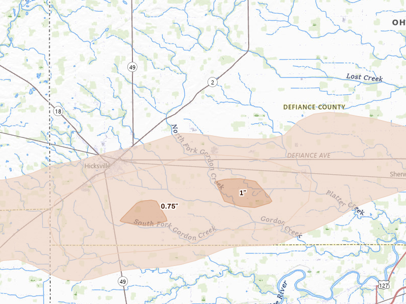 Radar-estimated hail-size map of the storm over Hicksville, OH