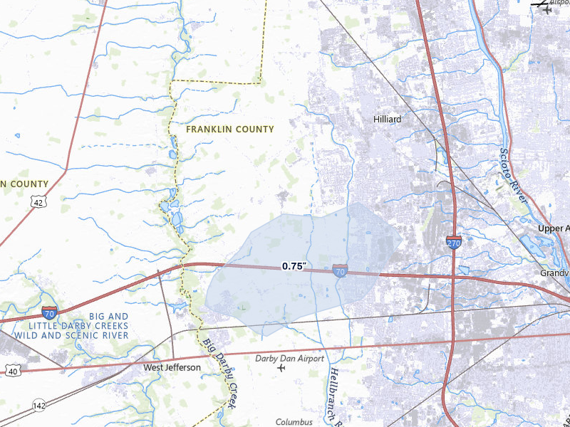 NEXRAD radar-signature map of the hail storm over Hilliard, OH on May 16, 2026