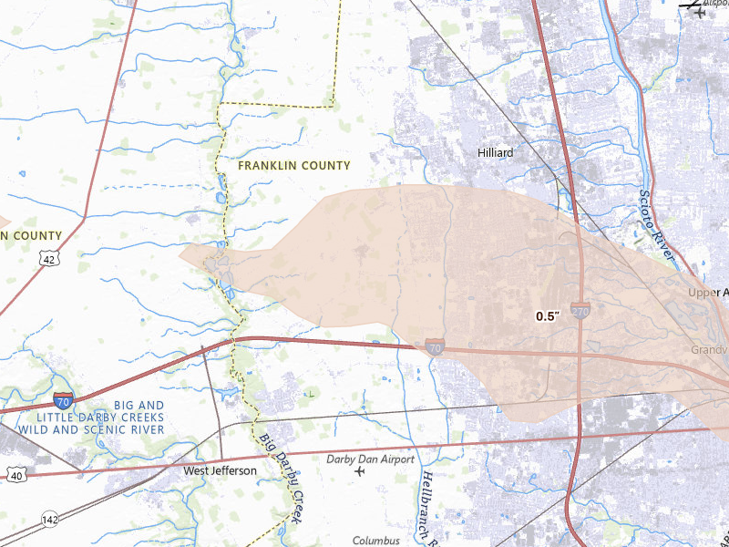 Radar-estimated hail-size map of the storm over Hilliard, OH on Aug 10, 2026