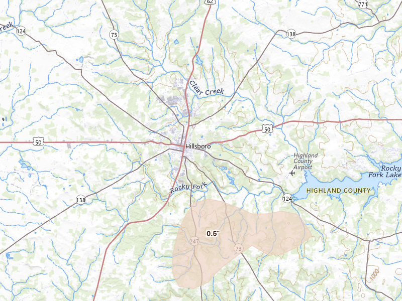Radar-estimated hail-size map of the storm over Hillsboro, OH on Aug 7, 2026