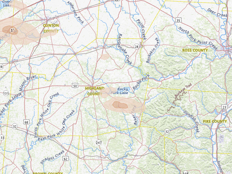 Radar-estimated hail-size map of the storm over Hillsboro, OH on Aug 22, 2026