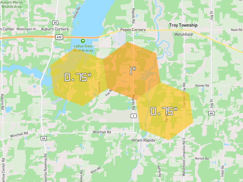 Hail map of Hiram, OH on Jul 3, 2026, hail up to 1"