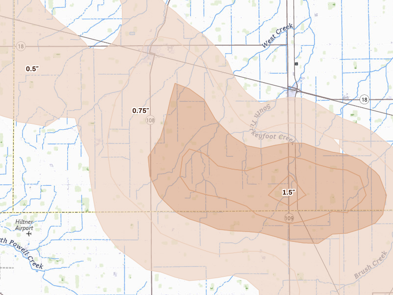 Radar-estimated hail-size map of the storm over Holgate, OH on Mar 26, 2026