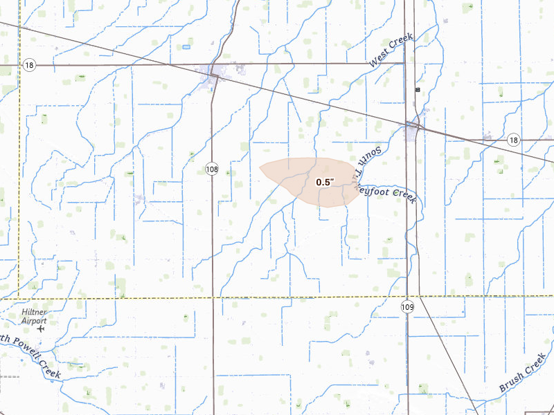 Radar-estimated hail-size map of the storm over Holgate, OH on Jul 10, 2026