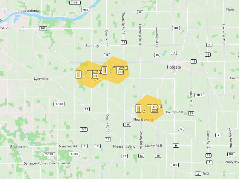 Hail map of Holgate, OH on Jul 10, 2026, hail up to 0.75"