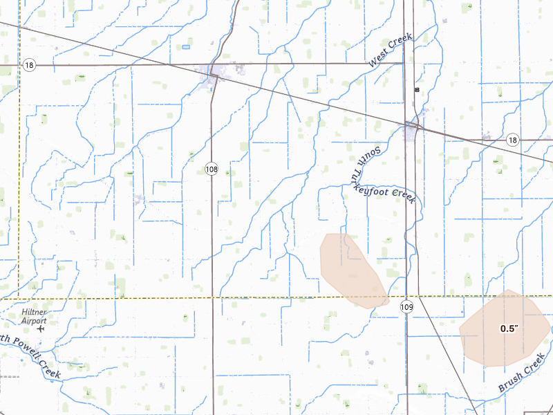 Radar-estimated hail-size map of the storm over Holgate, OH on Jul 20, 2026