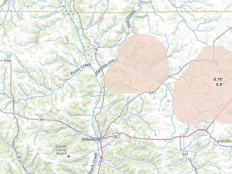 Radar-estimated hail-size map of the storm over Holmesville, OH on Mar 26, 2026
