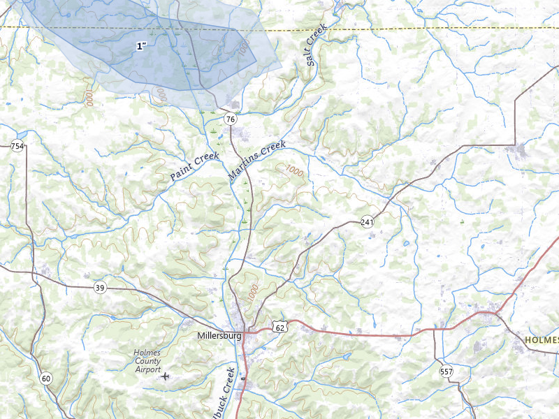 NEXRAD radar-signature map of the hail over Holmesville, OH