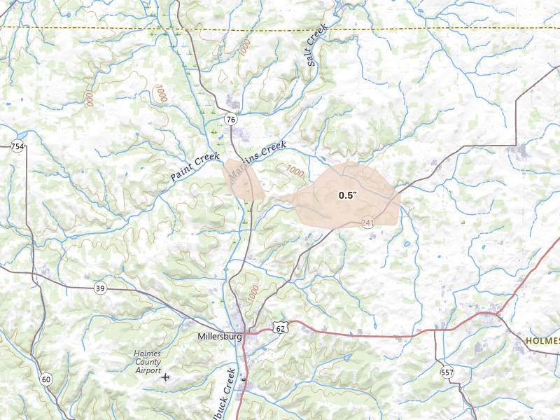 Radar-estimated hail-size map of the storm over Holmesville, OH on Aug 8, 2026