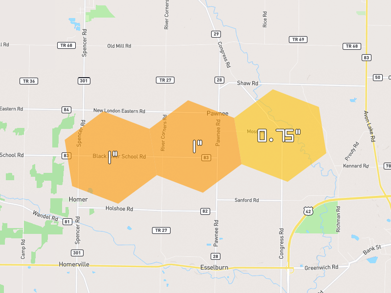 Hail map of Homerville, OH on Jul 4, 2026, hail up to 1"
