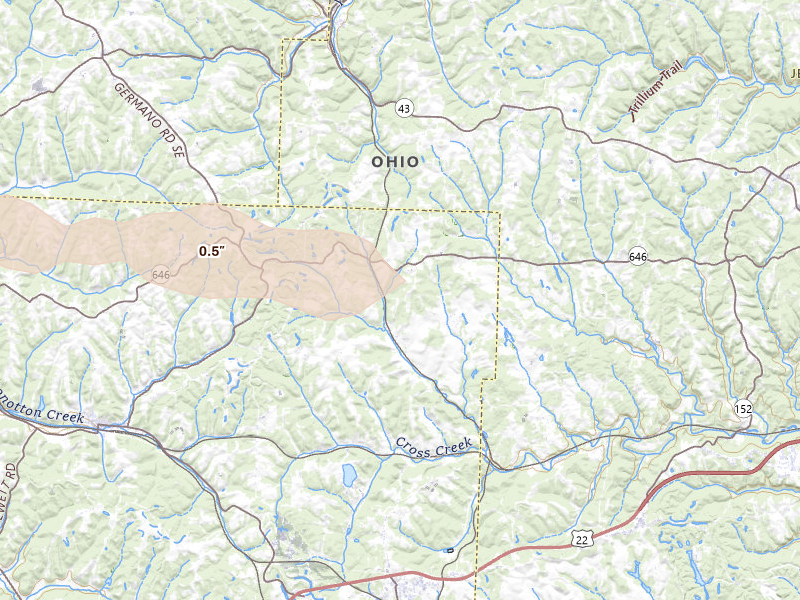 Radar-estimated hail-size map of the storm over Hopedale, OH on Mar 22, 2026
