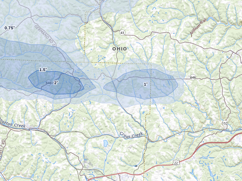NEXRAD radar-signature map of the hail storm over Hopedale, OH on Mar 22, 2026