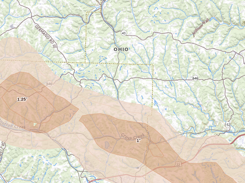 Radar-estimated hail-size map of the storm over Hopedale, OH on Mar 26, 2026