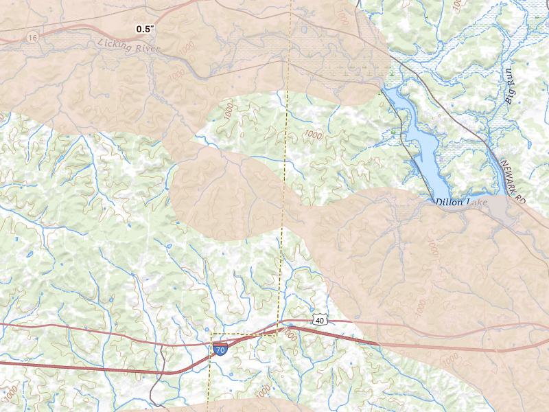 Radar-estimated hail-size map of the storm over Hopewell, OH on Jul 21, 2026