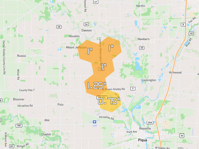 Hail map of Houston, OH on Jul 10, 2026, hail up to 1.25"